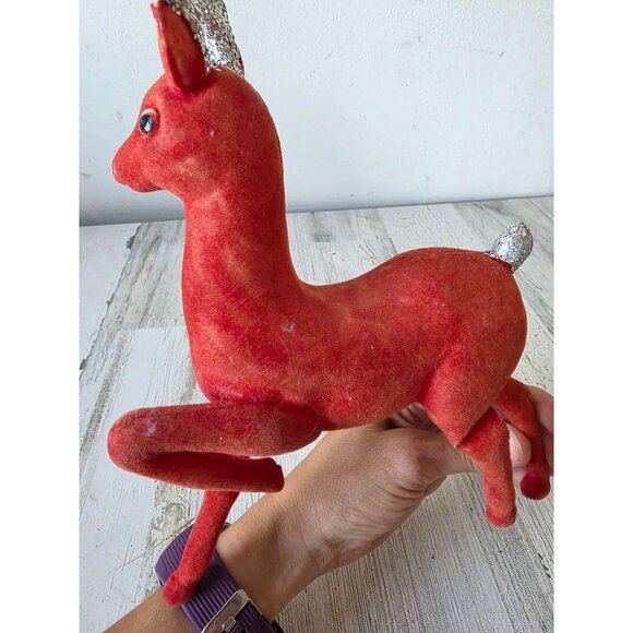 Vintage celluloid red felt reindeer glitter deer Xmas decor large - Picture 3 of 8